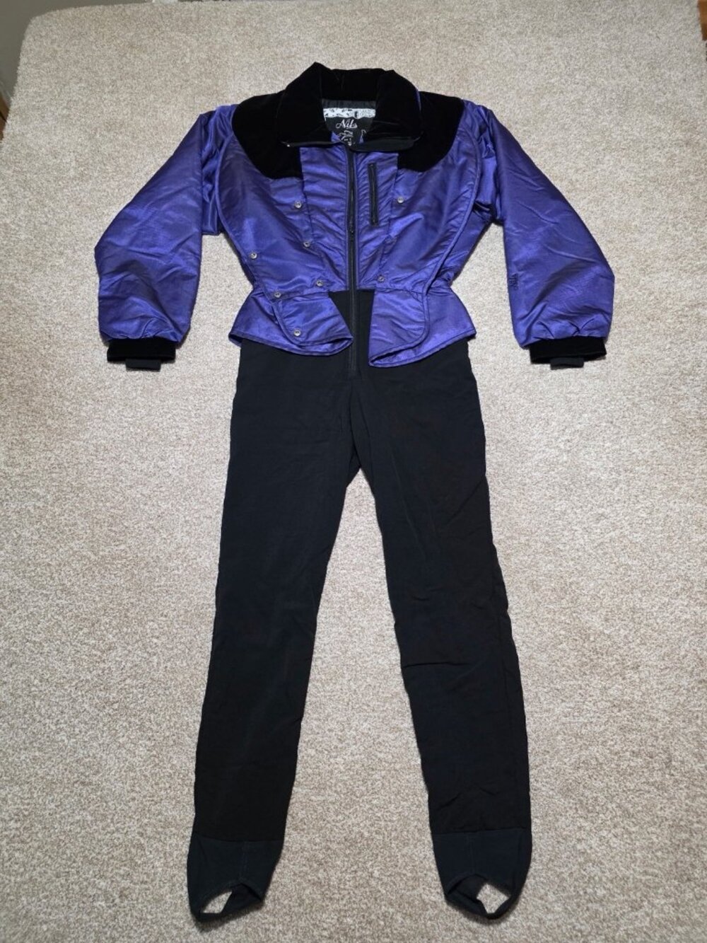 Vintage Retro Nils Ski Suit One piece Snowsuit Snow Bib Jumpsuit Purple Large 14